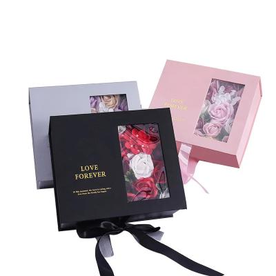 China Custom Coffret Cadeau Bijoux Fleur Cardboard Magnetic Boxes Packaging Flower Gift Box with Window Lid for sale