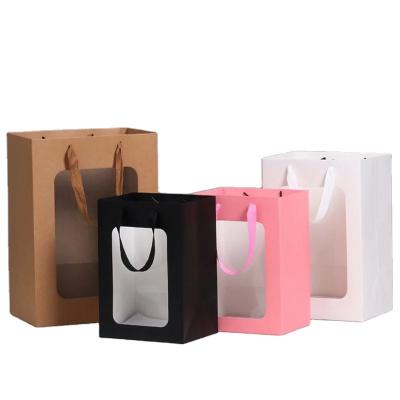 China Wholesale Floral Gift Box Open Transparent Window Fashion Gift Doll Flower Paper Bag With Pvc Mini Cake Clear Window for sale