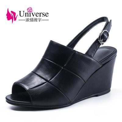 China A043 Universe Peep Lit Toe Ladies Black Buckle Strap Pumps Heeled Wedges Custom Handmade Women Sandal Shoes Wholesale for sale