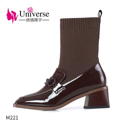 China Fashion M221 Breathable Winter High Heel Women Winter Genuine Leather Square Knee Boots for sale