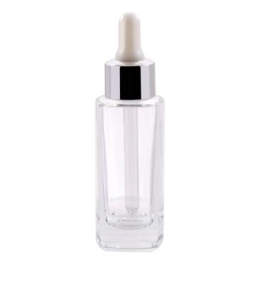 China Personal Care Square 30ml Glass Dropper Bottle For Essential Oil With Silver Cap for sale