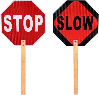 China Aluminum Reflective Stop Slow Sign With Wood 13 Inch Handle Durable Hardboard Road Safety Sign for sale