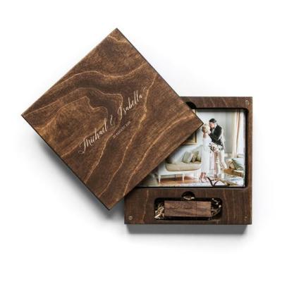 China Europe JUNJI Lovely USB Wooden Photo Box Photo Packaging Storage Memory Wedding Wooden Box Custom Engraved Box for sale