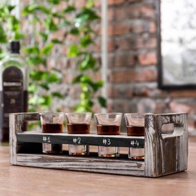 China JUNJ Party Shot Glass Flight Sample Rustic Stocked Sampler with Chalkboard Label and 4 Shot Glasses Wooden Bar Rack Serving Tray Set for sale