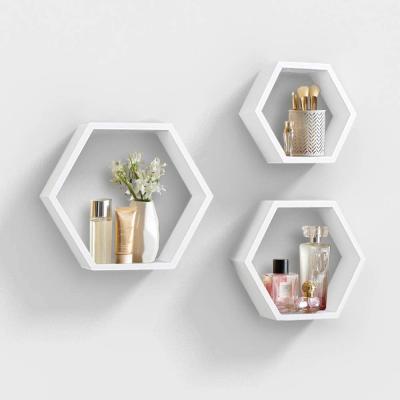 China JUNJI Wall Mounted Hexagon Floating Stocked Shelves Wooden Wall Hanging Shelf Organizer for Mountain 3 Wood Shelf Home Decor Set for sale