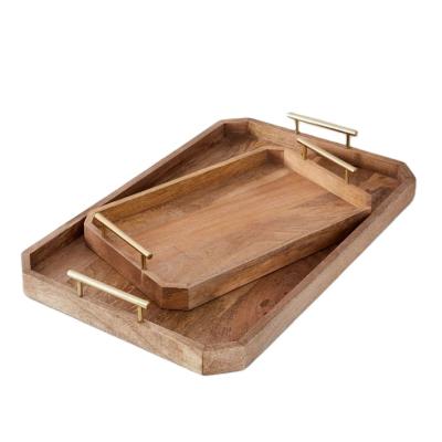 China JUNJI Home Serving Tray Wood Stocked Serving Tray with Metal Handles Wooden Tray for sale