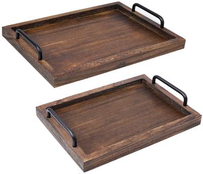 China JUNJI Wood Serving Tray stocked with metal handles wooden fruit tray food tray for sale