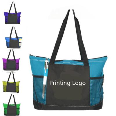 China Zippered Tote Bag Custom Color Brand Recycled 600D Polyester Tote Bags Conference Trade Show Zippered Tote Bag With Printed Embroidered Logo for sale