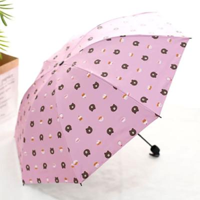 China Modern Black UV Coating Bear Summer Three Fold Design Yellow Full Print Manual Folding Umbrella for sale