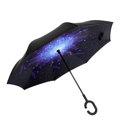 China 23 Inch Modern Manual Open Standing Double Layer C Handle Starry Sky Printing Inverted Umbrella For Car for sale