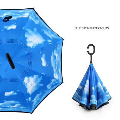 China New Modern Creative Custom Printing C Hook Handle Reverse Umbrella Self-Holding Double Layer Magic Windproof Car Reversed for sale