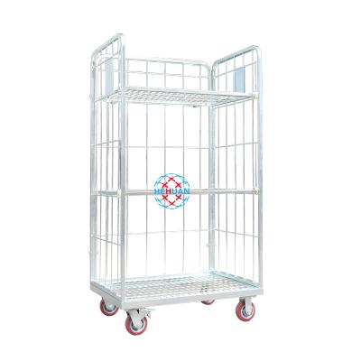 China Galvanized 3 Doors Table Trolleys All Metal Rolling Trolley Warehouse Cage Trolley for sale