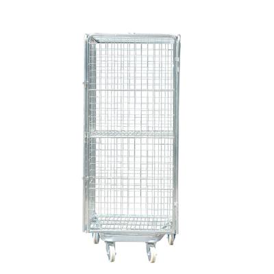 China Metal Wire Mesh Picking Trolleys Cart Storage Rack Trolley Full Foldable 4 Doors Roll Container for sale