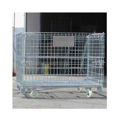 China Foldable Warehouse Basket Lockable Stillage Pallet Secure Collapsible Wire Mesh Container Metal Storage Cages With Wheels for sale