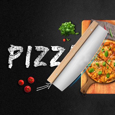 China Sustainable Advertising Logo Blade Wood Handle Knife Slicer Stainless Steel Pizza Cutter Custom Rocker for sale