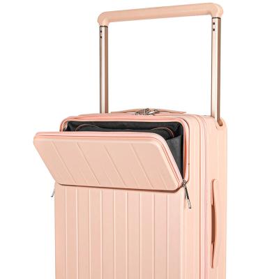 China Long travel High Quality  ABS+PC luggage  front opening luggage with cup holder and usb charger Carry On Luggage for sale