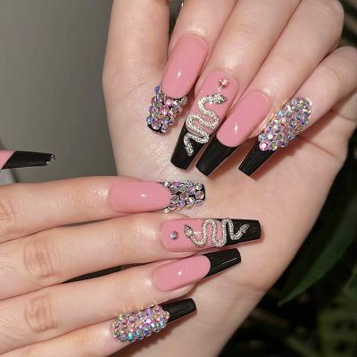 China Wholesale Nude Pink Black French Faux Stone Nail Wear Edge Long Ballet Manicure Snake French Wear False Nail for sale