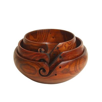 China Natural Environmental Friendly Products Wholesale Knitting Tool Storage Handmade Round Basket Organizer Yarn Crochet Yarn Wooden Bowl with Holes for sale