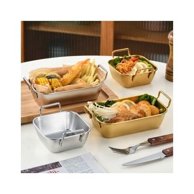 China Party Snacks Chips Salad Serving Dishes Silver Gold Metal Desert Food Dishes Korean Eco-friendly Stainless Steel Serving Trays With Handle for sale