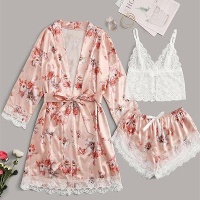 China QUICK DRY Three Pieces Ladies Pajamas Sets Silk Nightgown And Long Robe Sets Floral Print Women for sale