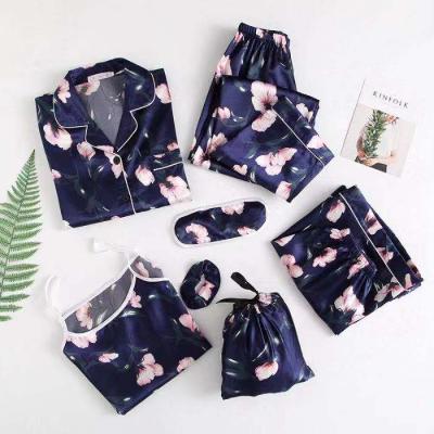 China QUICK DRY Women Casual Long Nightgown 7 Piece Set Girls Printed Silk Night Wear Fancy Satin Sleepwear Pajamas Set for sale