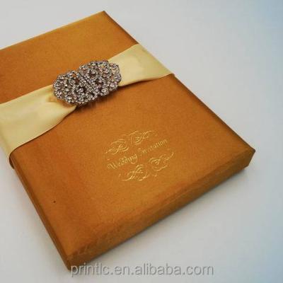 China India Customize Luxury Silk Wedding Invitation Card Box With Brooch Indian for sale