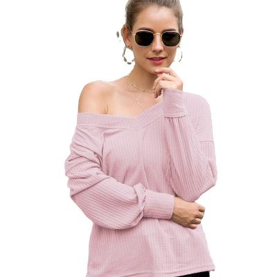 China W020012 Anti-wrinkle v-neck waffle sleeved shirt with off-the-shoulder lantern sleeve women fall top for sale