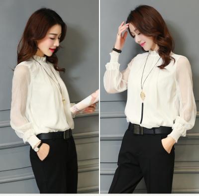 China New Anti-Wrinkle Chiffon Blouse Women Tops Elegant Lady Casual Blouses E34-001 Long Sleeve Neck Support Work Wear Shirts for sale