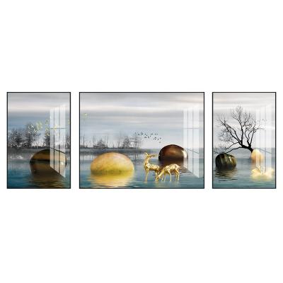 China New Modern Auspicious Chinese Style Landscape Painting Goldeer Picture Wall Frame Hanging Picture for sale