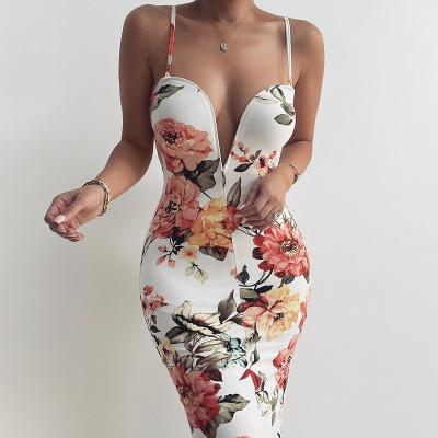 China New Anti-wrinkle Summer Skinny Dress Deep V-Neck Spaghetti Strap Ladies Bodycon Floral Maxi Dress Dress for sale