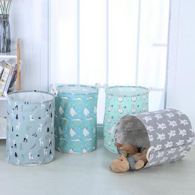 China Hemp Sustainable Round Cotton Bag Storage Cartoon Laundry Hamper Dirty Collapsible Waterproof Storage Basket for sale