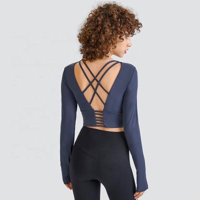 China Sports 2022 Custom Women Yoga Tops Sexy Shockproof Yoga Tops Breathable Sheaths Long Top Cross Back Plus Size Active Wear For Ladies for sale