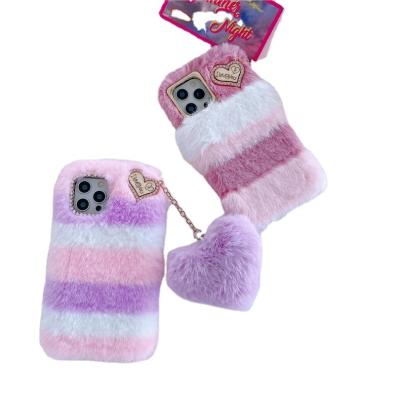 China Shockproof Beautiful Rainbow Color Female Fashion Furry Cute Love Plush Pendant Mobile Phone Case for iphone 14 12 13  Love Chain Phone Bag for sale