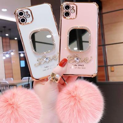 China Shockproof Cute Luxury Make Up Hair ball soft mirror phone case for iphone 12 pro max 11 XR SE 2020 phone casing cover Nice Chain Phone Bag for sale