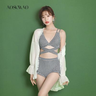 China 2022 New Japan Breathable Korean Printing Cross Waist Lady High Beachwear Gauze Cover Up Sweet Swimwear For Women for sale