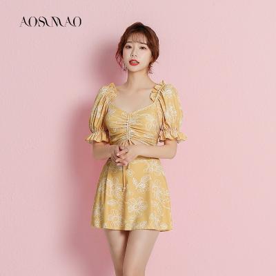 China 2022 Spring New Fashion Breathable Swimsuit High Waist Short Sleeve Floral Print Swimwear For Women for sale