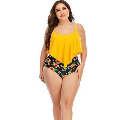 China Plus Size Floral Print High Waist Ruffle Summer Sexy Bikini Plus Size Slit Two Piece Set Swimwear For Women for sale