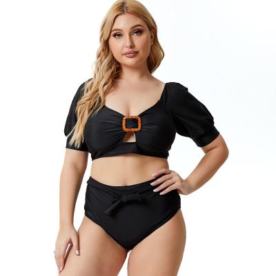 China Plus Size Shorts Sheath Two Piece Set Sexy Bikini Plus Size Solid Color Swimwear For Fat Women for sale