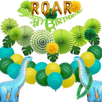 China Fashional RUI YI Dinosaur Jungle Theme Balloon Banner Paper Flower Boys Toddlers Paper Fan Garland Party Decorations Set For for sale