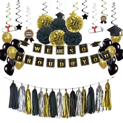 China Fashional Graduation Party Supplies Decorations Kit - Gold Black Tissue Paper Pom Poms, Glitter Hanging Swirls, Graduation Banner for sale