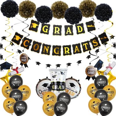 China Fashional Graduation Decorations, Black and Gold Congratulations Graduate Banner Paper Pom Poms for Grad Party Decoration Supplies for sale