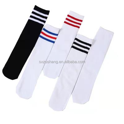 China Sporty White Color With Stripe Plain Knitted High Cuff Boys Girls Tube Knee Socks Cotton School Socks For Football for sale