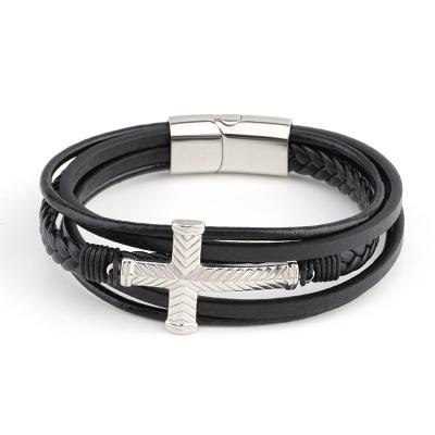 China CLASSIC Multilayer Leather Bracelet For Men Women Stainless Steel Rope Bracelet Leather Cross Customized for sale