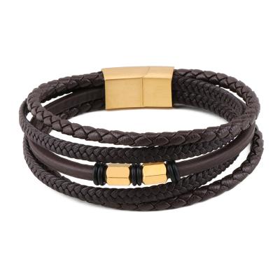 China CLASSIC Leather Bracelet Men's Multilayer Handwoven Stainless Steel Rope Leather Bracelet for sale