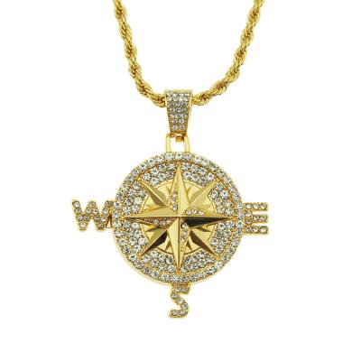 China New CLASSIC Hot Hip Hop Iced Out Crystal Rhinestone Gold Necklace Creative Compass Pendant Necklace for sale