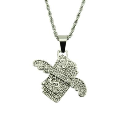 China Wholesale CLASSIC Flying Dollar Necklace Angel Wings Gold Plated Green Crystal Pendant Hip Hop Necklace for sale