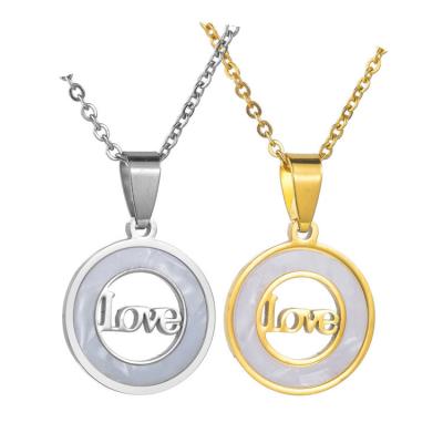 China Couples Necklace Shell Inset Round Stainless Steel Necklace CLASSIC Love Letter Pendant Necklace for sale