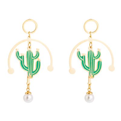 China Long Stainless Steel CLASSIC Cactus Earrings Flower Plant Enamel Fringe Bead Earrings for sale