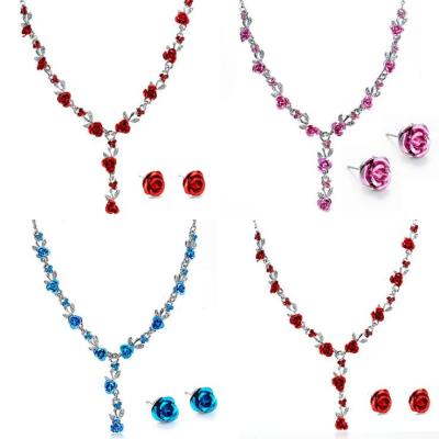 China Beautiful Fashionable Rose Alloy Rhinestone Necklace Earrings Set Bridal Jewelry Set for sale