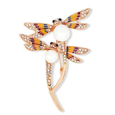 China Fashionable YK Vintage Pearl Painted Double Brooch Dragonfly Brooch Pin for sale